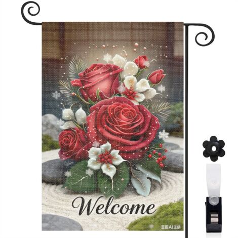 Drapeau vertical roses rouges et fond jardin chinois 30 x 45 cm décoration saisonnière extérieure (1/4)