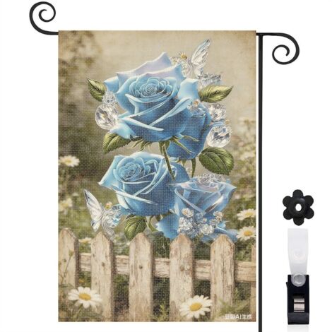 Drapeau de jardin Welcome et papillons bleus avec les roses 30 x 45 cm décoration porche et entrée (1/5)