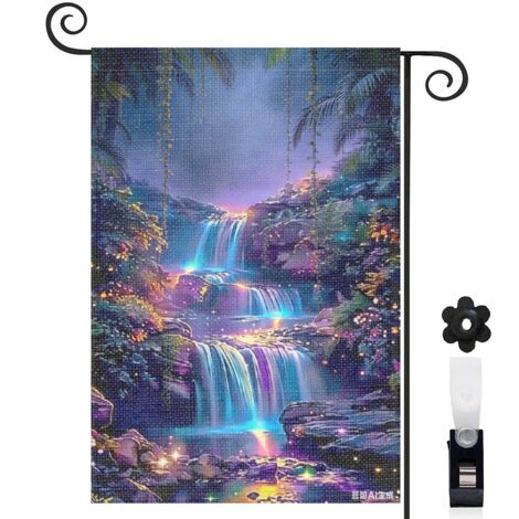 Drapeau de jardin paysage nocturne et cascade lumineuse 30 x 45 cm décoration terrasse et extérieur (1/4)