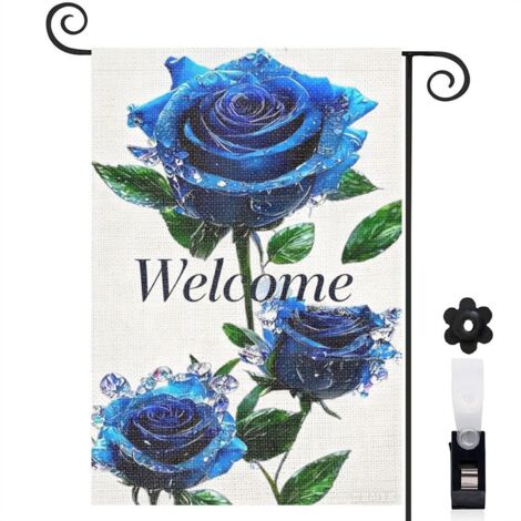 Drapeau de jardin Welcome et roses bleues vibrantes 30 x 45 cm décoration cour et balcon (1/5)