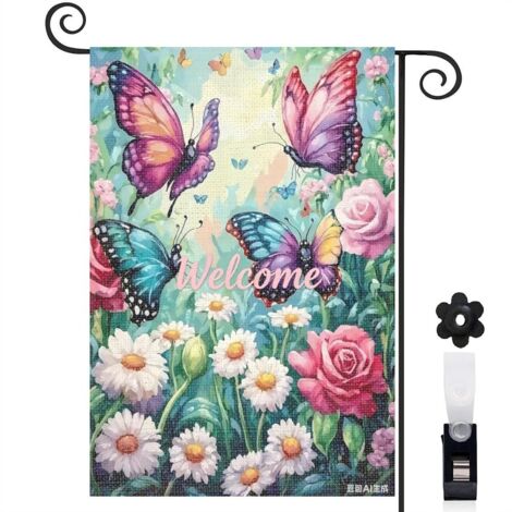 Drapeau vertical papillons et fleurs multicolores 30 x 45 cm décoration jardin d'été (1/4)