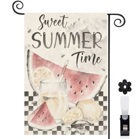 Drapeau vertical Sweet Summer Time et fruits frais aquarelle 30 x 45 cm décoration saisonnière extérieure (1/5)