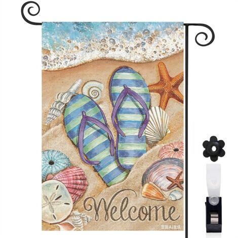 Drapeau de jardin Welcome et ambiance de plage 30 x 45 cm décoration cour et balcon (1/4)