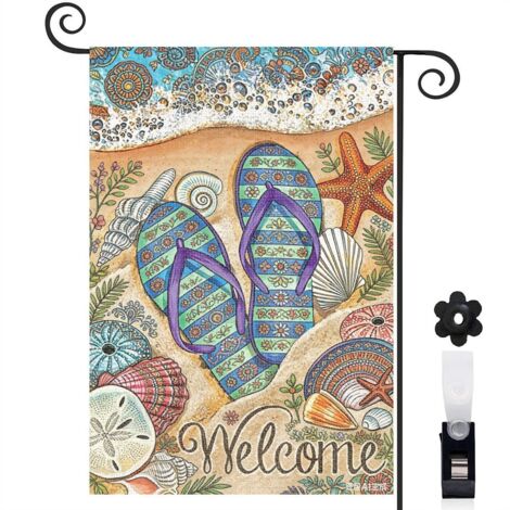 Drapeau de jardin Welcome et motifs de plage 30 x 45 cm décoration terrasse et extérieur (1/5)