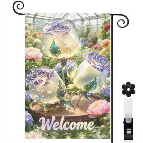 Drapeau de jardin roses cristallines et fauteuil 30 x 45 cm décoration cour et balcon (1/5)