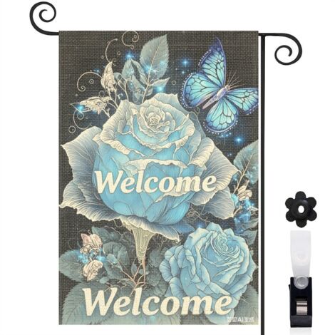 Bannière de cour papillons bleus et roses bleues 30 x 45 cm décoration extérieure et saisonnière (1/5)