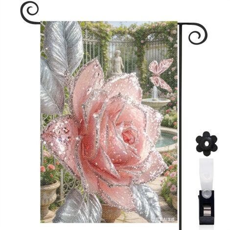 Drapeau vertical palmier et rose cristalline 30 x 45 cm décoration jardin d'été (1/5)