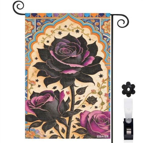 Bannière de cour fond rose à pois et rose noire 30 x 45 cm décoration maison de campagne (1/5)