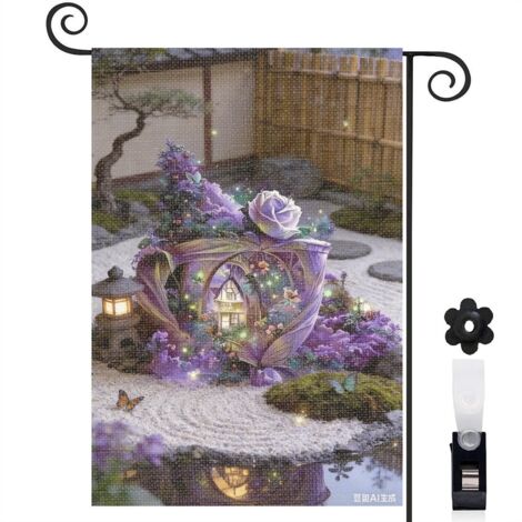 Drapeau vertical château en forme de tasse et rose 30 x 45 cm décoration saisonnière cour (1/4)