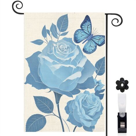 Drapeau de jardin Welcome et roses bleues brillantes 30 x 45 cm décoration porche et entrée (1/5)