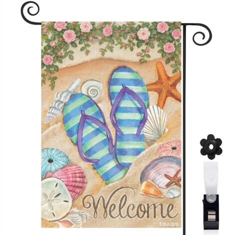 Bannière de cour roses grimpantes et tongs de plage 30 x 45 cm décoration maison de campagne (1/5)