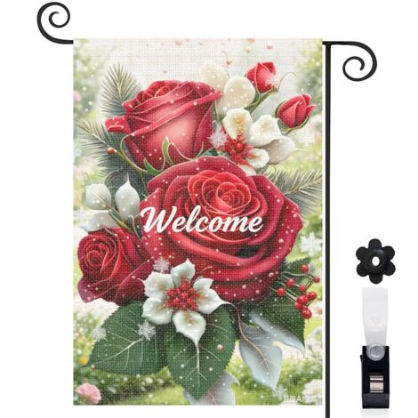 Drapeau de jardin roses rouges et Welcome 30 x 45 cm décoration extérieure jardin (1/4)