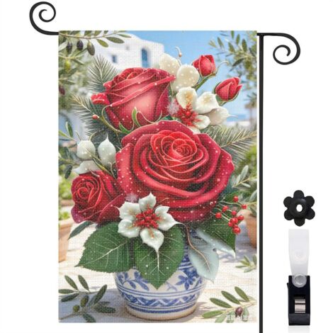 Drapeau vertical roses rouges et fleurs blanches 30 x 45 cm décoration cour et extérieur (1/5)