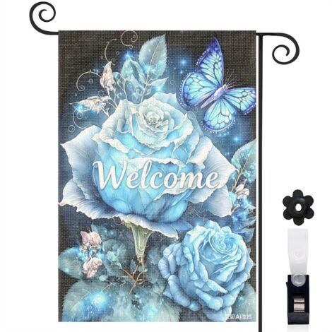 Bannière de cour Welcome et papillons bleus 30 x 45 cm décoration maison de campagne (1/5)