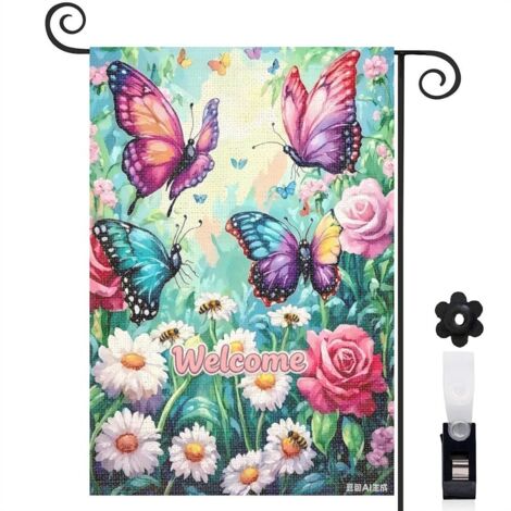 Drapeau de jardin papillons jaunes et roses roses 30 x 45 cm décoration terrasse et extérieur (1/5)