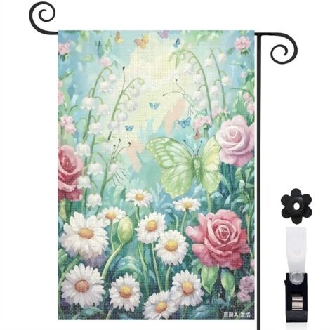 Drapeau vertical papillons jaunes et roses 30 x 45 cm décoration porche et entrée (1/5)