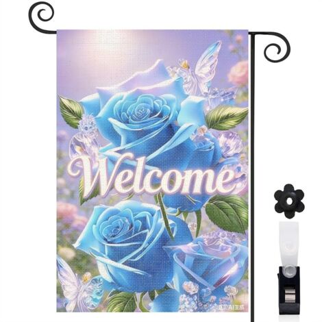 Drapeau de jardin pot à motifs floraux et roses bleues 30 x 45 cm décoration porche et entrée (1/5)