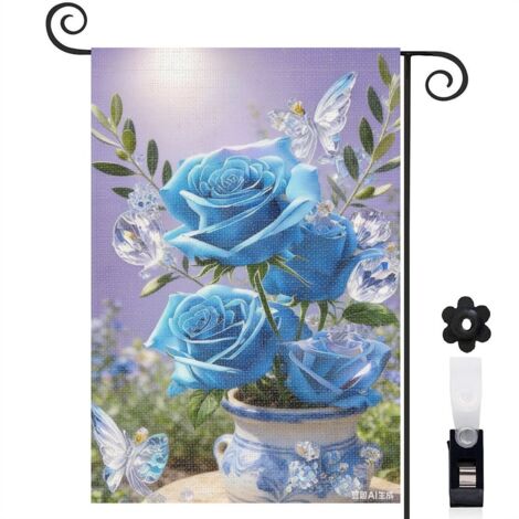 Bannière de cour pot en céramique bleu et roses bleues 30 x 45 cm décoration porche et maison (1/5)