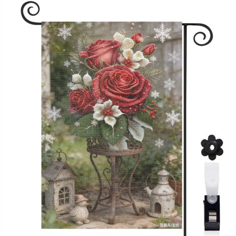 Bannière de cour fleurs blanches et roses rouges 30 x 45 cm décoration porche (1/5)