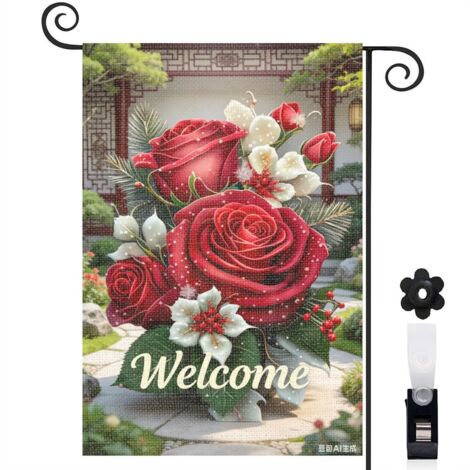 Bannière de cour roses rouges et lys blancs 30 x 45 cm décoration extérieure et intérieure (1/4)