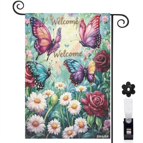 Drapeau de jardin papillons jaunes et fleurs blanches 30 x 45 cm décoration extérieure et cour (1/5)