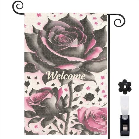 Drapeau de jardin roses noires et roses et Welcome 30 x 45 cm décoration extérieure jardin (1/5)
