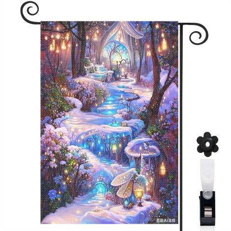 Drapeau vertical Welcome sentier enneigé et fée 30 x 45 cm décoration jardin d'hiver (1/5)