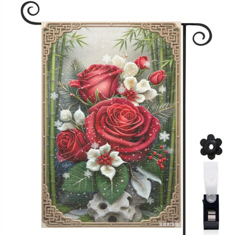 Drapeau vertical flocons et roses rouges 30 x 45 cm décoration saisonnière cour (1/5)