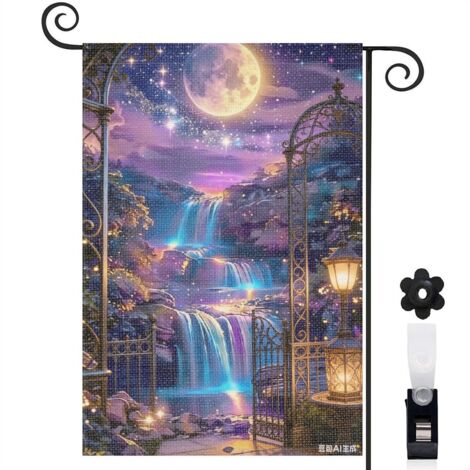 Drapeau vertical lune pleine et cascade bleue 30 x 45 cm décoration saisonnière cour (1/5)