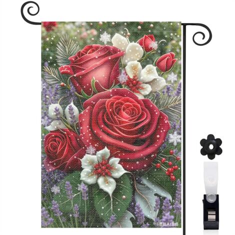 Bannière de cour roses rouges et fleurs de printemps 30 x 45 cm décoration extérieure et saisonnière (1/5)