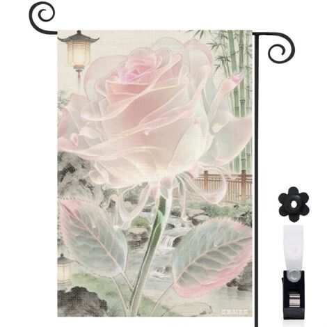 Bannière de cour feuilles à bord rose et rose 30 x 45 cm décoration extérieure et intérieure (1/5)