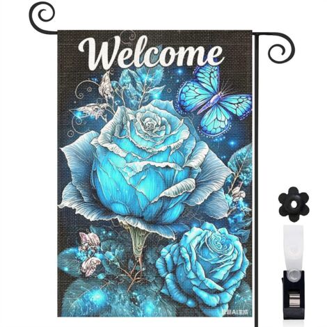 Bannière de cour papillons et roses bleues magiques 30 x 45 cm décoration extérieure et intérieure (1/5)