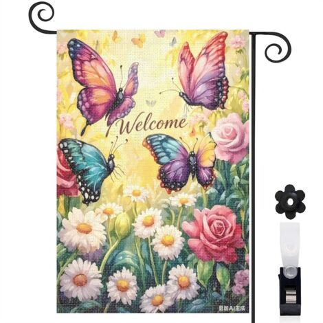 Bannière de cour papillons jaunes et fleurs de jardin 30 x 45 cm décoration extérieure et intérieure (1/5)