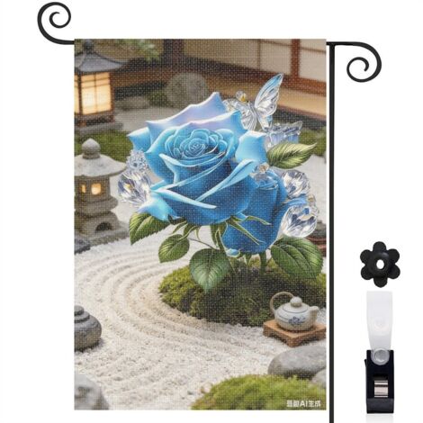Drapeau de jardin herbe verte et roses bleues lumineuses 30 x 45 cm décoration terrasse et extérieur (1/5)