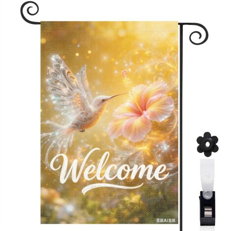 Bannière de cour Welcome oiseau et fleur 30 x 45 cm décoration saisonnière jardin (1/4)