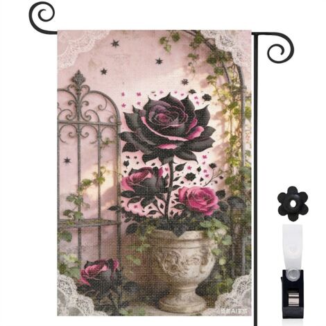 Bannière de cour arche florale et roses noires bord rose 30 x 45 cm décoration extérieure et intérieure (1/5)