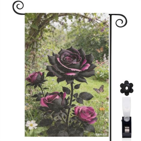 Bannière de cour grille de fer et rose noire 30 x 45 cm décoration porche et maison (1/4)