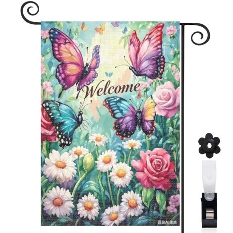 Bannière de cour papillons colorés et fleurs de printemps 30 x 45 cm décoration jardin et terrasse (1/5)