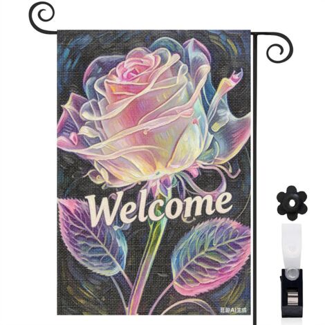Bannière de cour Welcome et rose lumineuse rose 30 x 45 cm décoration porche et maison (1/5)