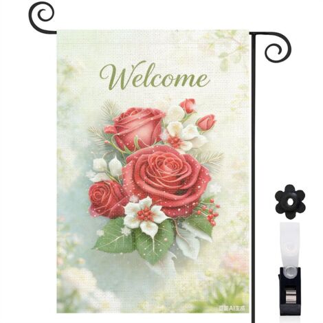 Drapeau de jardin Welcome et roses rouges brillantes 30 x 45 cm décoration porche et entrée (1/5)