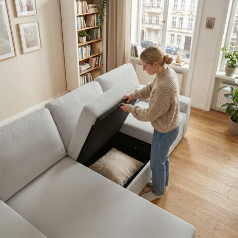FX-P60EU-LG – Canapé d’angle avec espace de rangement. Meuble de style moderne et confortable. Matériau du coussin : mousse à mémoire. Longueur : 245,5 cm. (1/5)