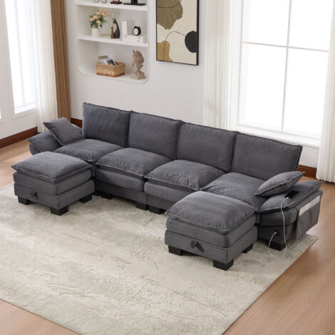 Canapé modulaire pour 4 personnes (avec 2 tabourets) – large assise, design ergonomique, rembourrage en mousse de haute qualité. Possède également un port USB-C et des compartiments latéraux. Idéal (1/5)
