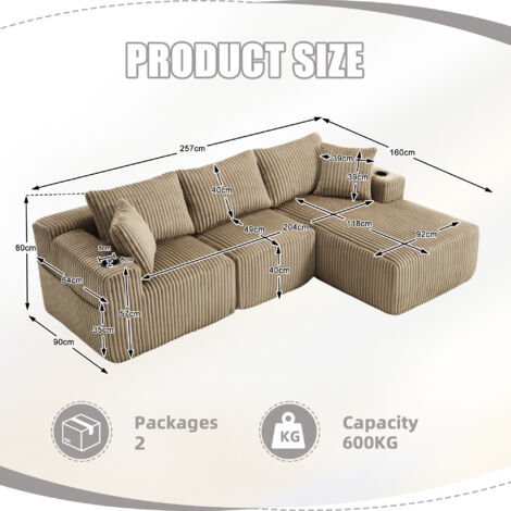 Set de canapés modulaires avec un chaiselongue et deux sièges. Revêtement en tissu doux. Comprend 5 coussins. Des poches latérales et des supports pour les boissons. Matelas très résistant. Conception (1/5)