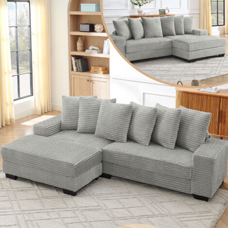 Canapé en forme de L – Canapé pour 4 personnes. Dimensions : 256,5 x 133,5 x 89 cm. Tissu en corduroy classique. Pieds en plastique robustes. Design modulaire. Inclut 6 coussins. Parfait pour les salo (1/5)
