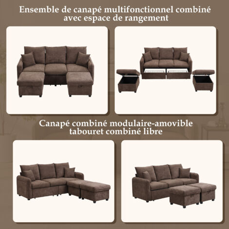 Canapé multifonctionnel en forme de U, avec trois places. Possède des compartiments pour ranger des objets. Il s’agit d’un ensemble de canapés modulables, avec possibilité de plier les pieds du canapé (1/5)