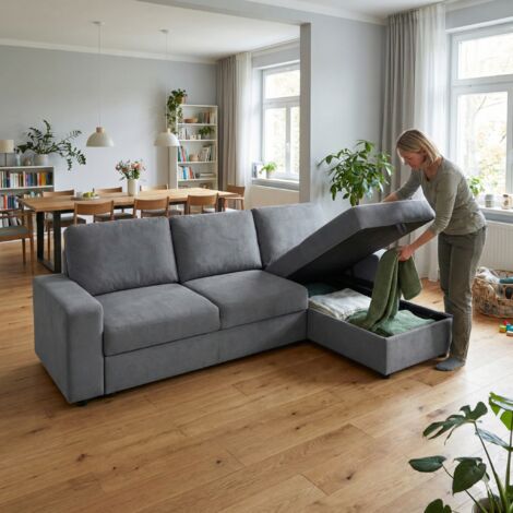 FX-P60EU-GY – Canapé avec espace de rangement. Grande causeuse équipée de 4 compartiments de rangement. Canapé familial. Meuble de salon confortable, avec un ottomane. Design moderne. (1/5)