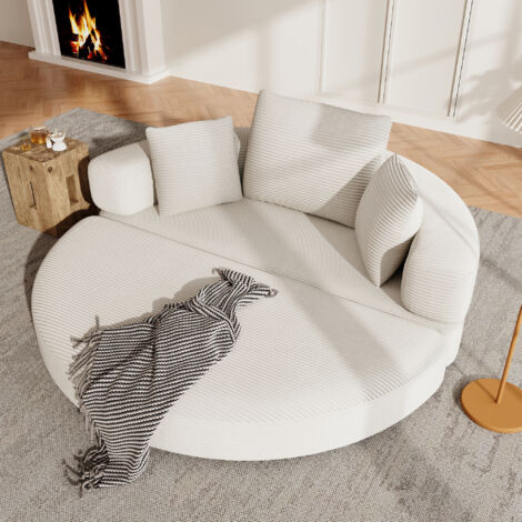 Meuble de lit multifonctionnel et autonome – Lit ovale avec des coussins, canapé modulable, tapis en cuir (largeur : 173 x 176 cm). Idéal pour les appartements, les salons ou les chambres à coucher. (1/5)