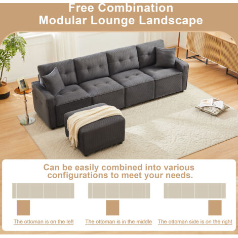 Canapé en velours pour 4 personnes, avec des espaces de rangement sous les assises. Il comprend également un tabouret qui peut être placé librement. Couleur : gris. Dimensions : L. 280 cm × P. 146 cm (1/5)