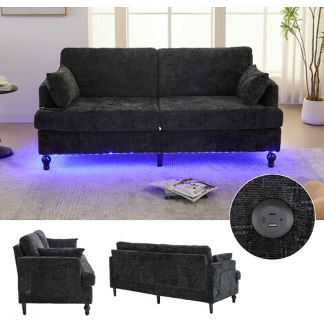 Canapé moderne à deux places, conçu en tissu Chenille. Avec des pieds en bois, un éclairage LED, une prise de charge USB, ainsi qu’un compartiment pour ranger les objets personnels (1/5)