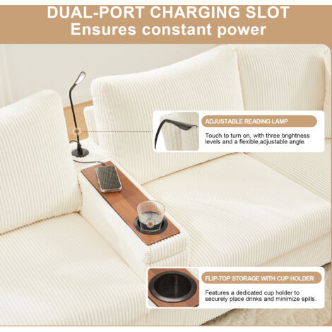 Canapé en tissu U avec 2 accoudoirs, lampe de lecture, étagère repliable, rangement pour les boissons et prises USB/Type-C. Des accoudoirs sur les deux côtés, équipés d’un éclairage LED décoratif. (1/5)